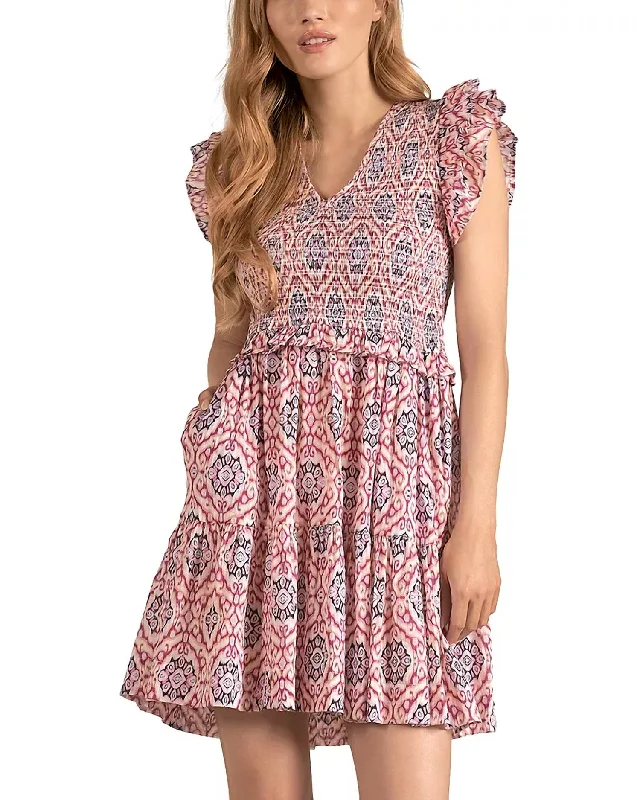 Boho Chic Ruffle Sleeve Smocked Mini Dress In Lavender Ikat