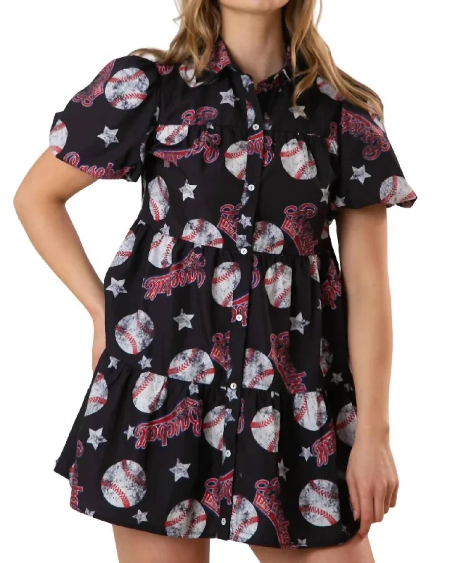 Score Big On Glamorous Red - Carpet Styles Baseball All Over Print Mini Dress In Black