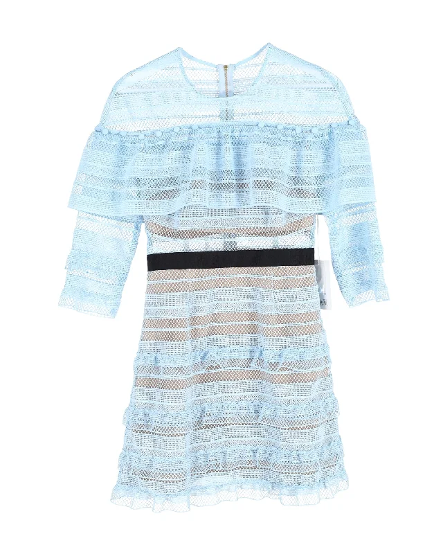 Winter Warm - Up Sale Self-Portrait Stripe Grid Mini Dress in Light Blue Polyester