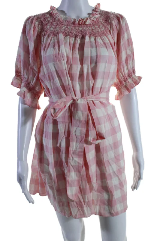 Fashionista Favorites Doen Womens Elastic Neckband Tie Up Halter Checkered Mini Dress Pink