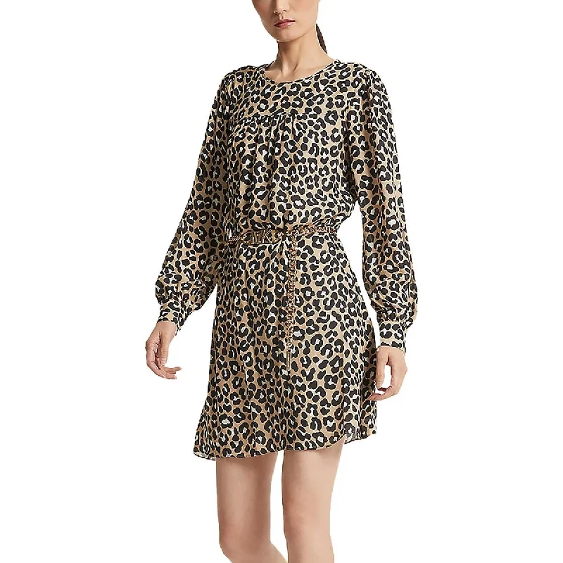 End - Of - Month Blowout Cheetah Womens Long Sleeve Belted Mini Dress