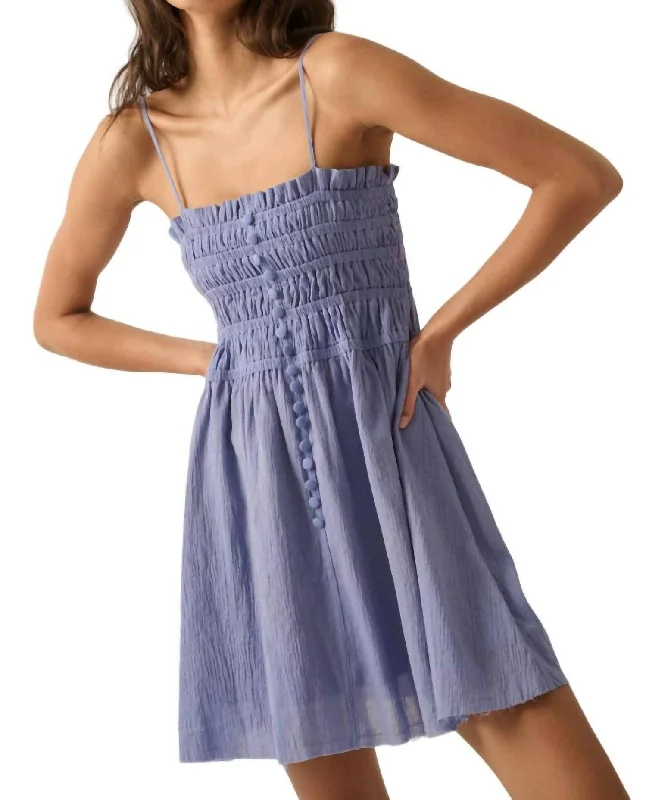 Stylish Savings Straight-Neck Gathered-Bodice Mini Dress In Violet Blue