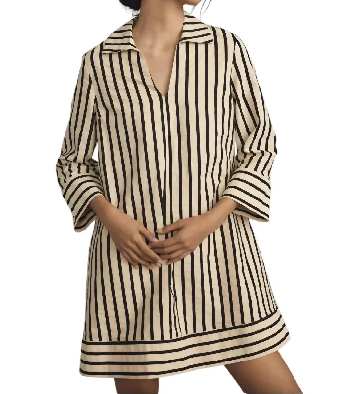 Trend Alert Long-Sleeve Collared Swing Mini Dress In Cream/black