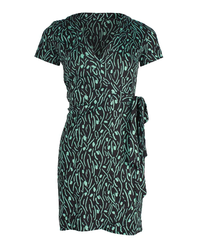 Wardrobe Upgrade Diane Von Furstenberg Printed Wrap Mini Dress in Teal Silk