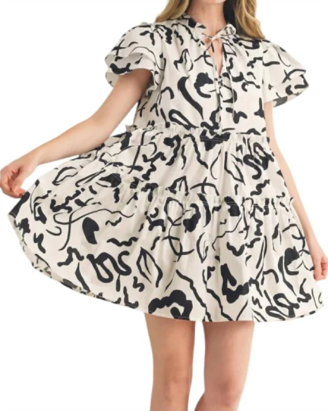 Floral Style Ruffle Sleeve Mini Dress In Black/white