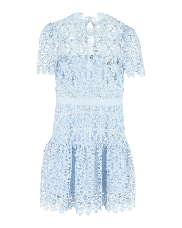 Wardrobe Update Self-Portrait Short Sleeve Mini Dress in Light Blue Polyester Lace