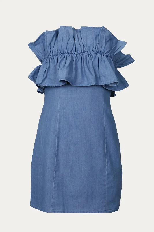 Timeless Elegant Strapless Ruffled Denim Mini Dress In Blue