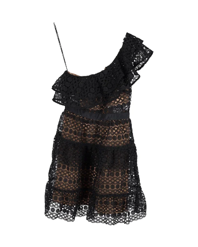 Big Savings On Rustic Countryside Styles Self-Portrait Lace Overlay One-Shoulder Mini Dress in Black Polyester