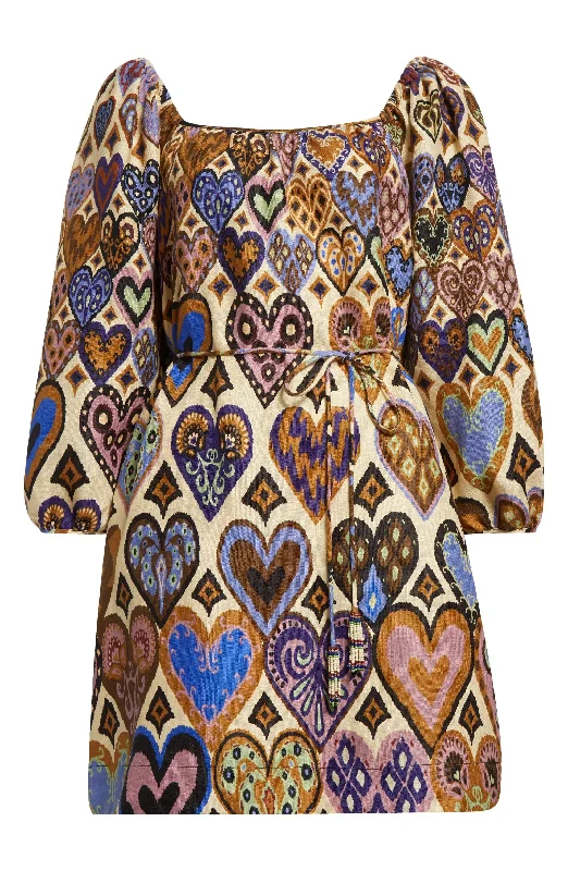 Limited-Time Offer Farm Rio Women's Long Sleeve Mini Dress, Hearts Ikat Cream