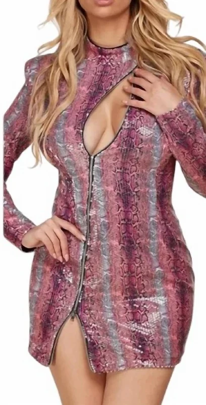 Polished Finish Sequins Snake Print Front Cut Out Mini Dress In Pink