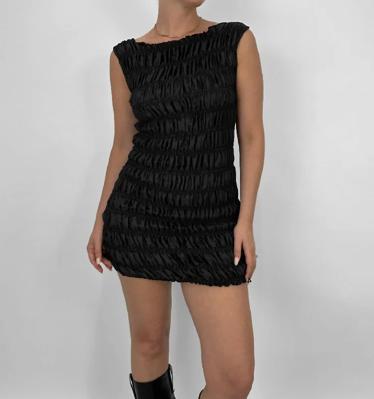 Luxury Style Smocked Boat Neck Mini Dress In Black