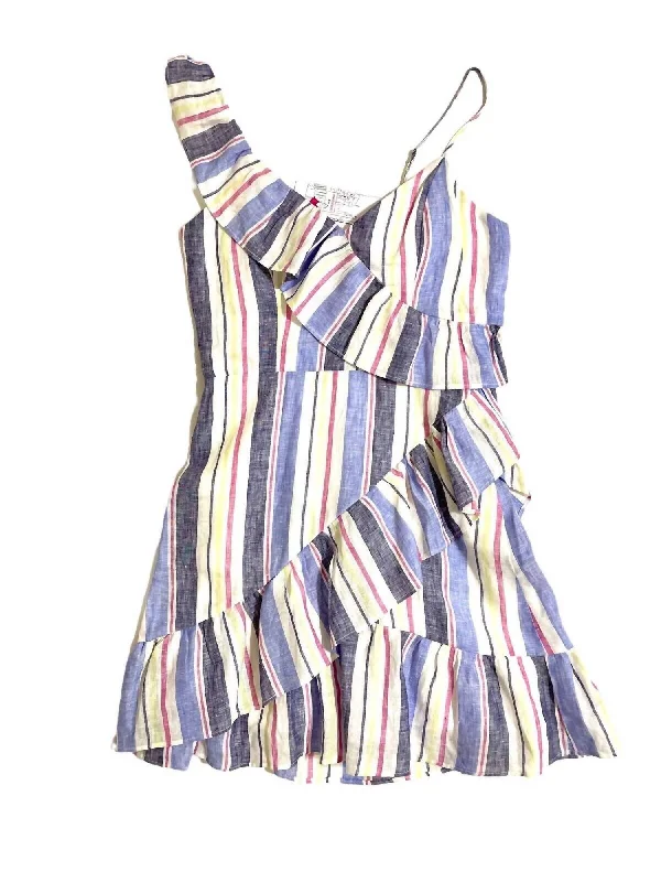 Boho Chic Lollie Stripe Linen Ruffle Mini Dress In Multicolor