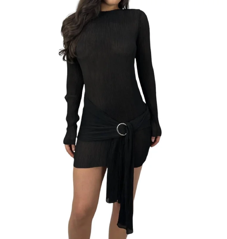 Contemporary Chic Sheer Plissé Belted Mini Dress In Black