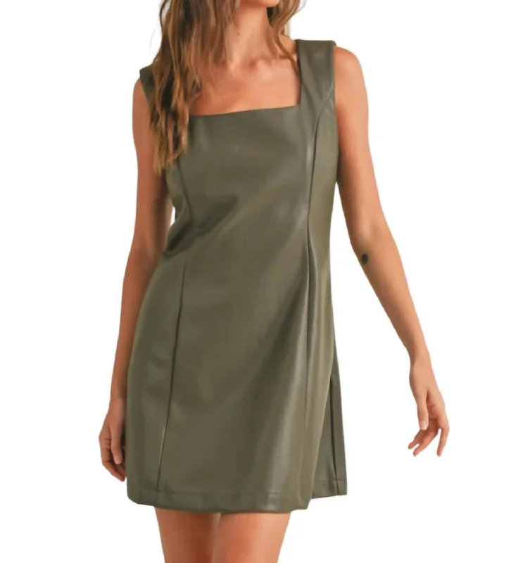 Feminine Elegant Faux Leather Mini Dress In Olive