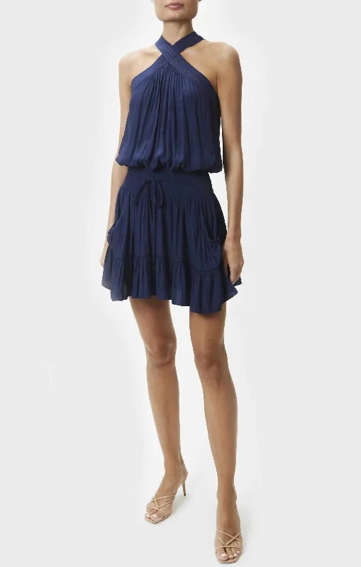 Chic Sophistication Ziggy Halter Mini Dress in Spring Navy