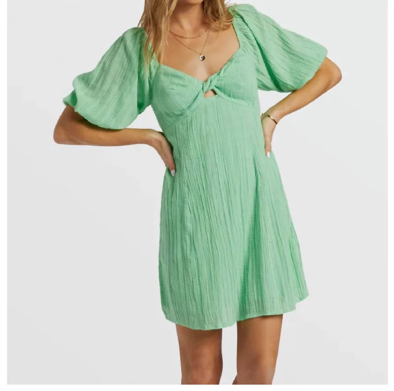 Bohemian Vibe Sol Puff Sleeve Mini Dress In Green