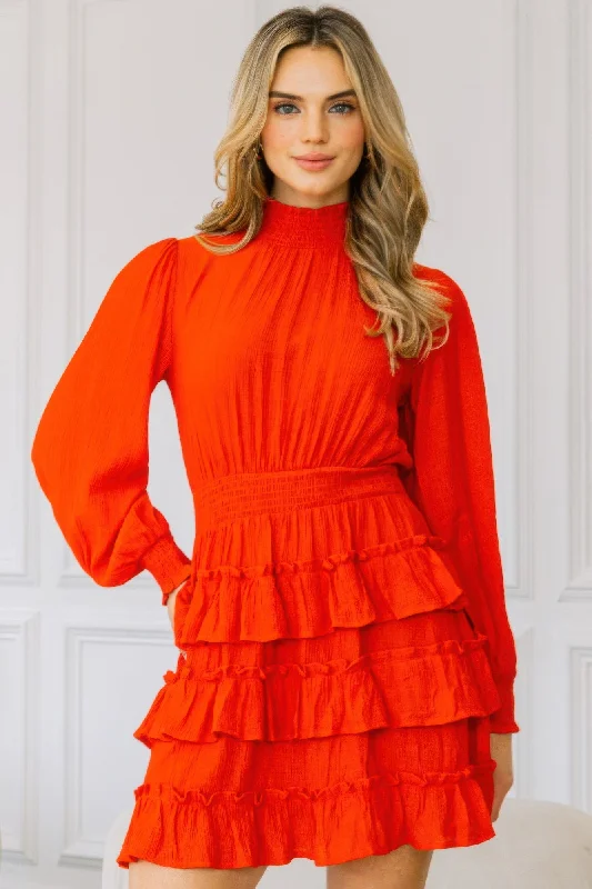 Latest Trends Long Sleeve Smocked Neck Tiered Ruffle Mini Dress