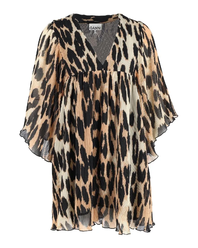 Clearance Event Ganni Leopard-Print Pleated Oversized Mini Dress in Brown Polyester