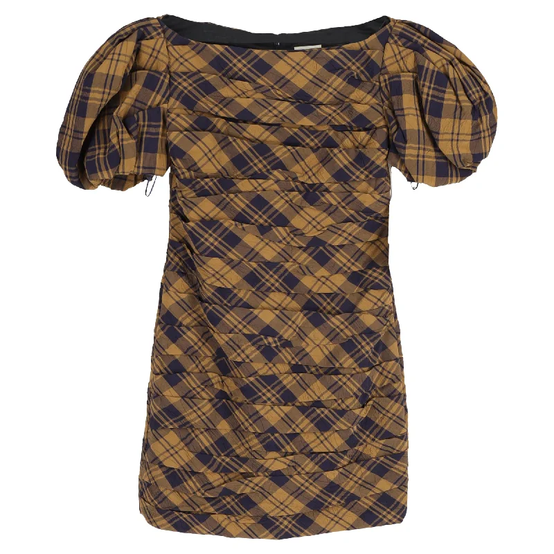 Celebrate With Big Savings Khaite Shelly Ruched Checked Crinkled-Twill Mini Dress In Brown Viscose