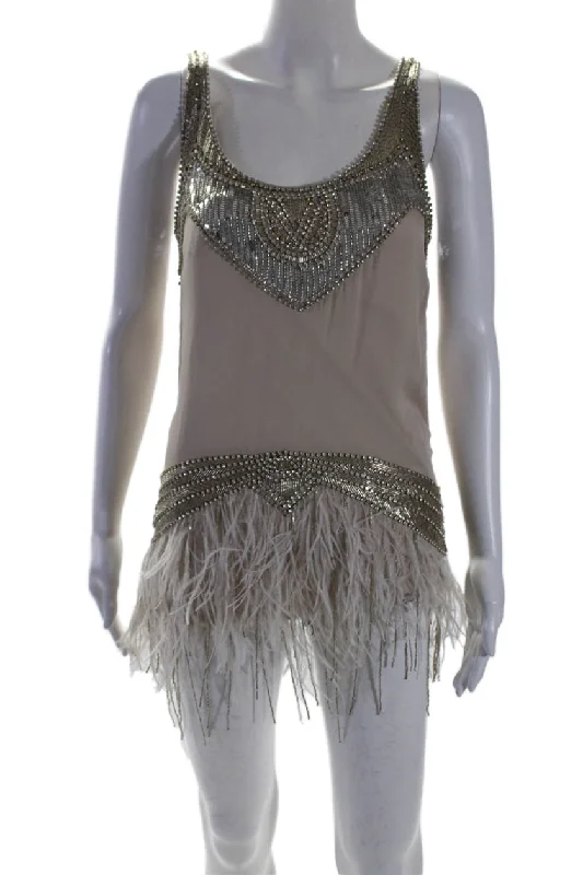 Seasonal Trends Haute Hippie Womens Beige Crystal Feather Detail Scoop Neck Mini Dress