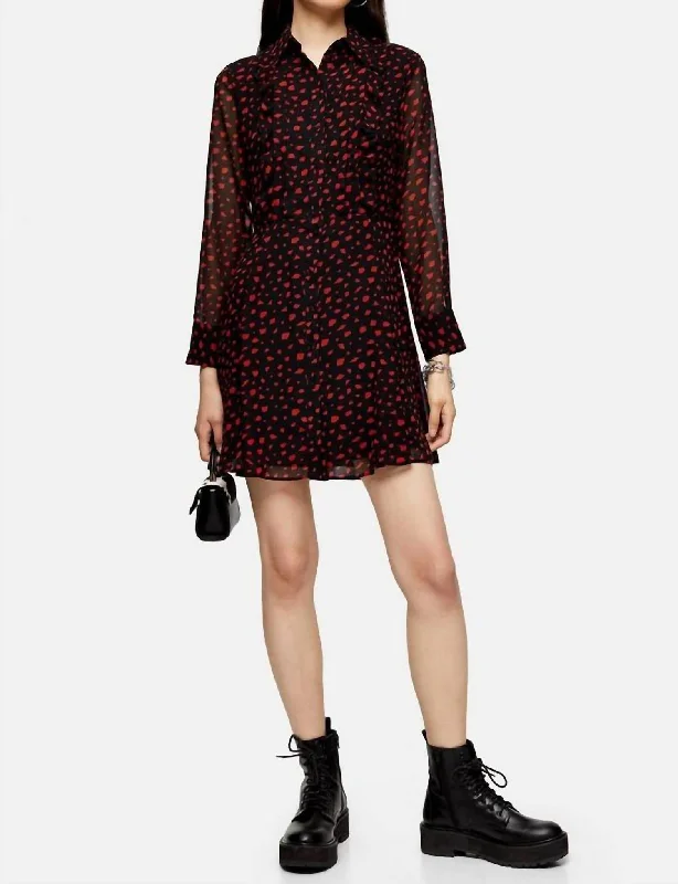 Refined Look Geometric Print Frill Button Down Mini Dress In Black/red