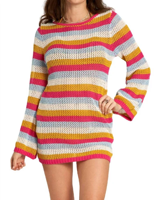 Early Access To Art Deco Styles Sale Long Sleeve Multicolor Striped Crochet Mini Dress In Pink Stripe