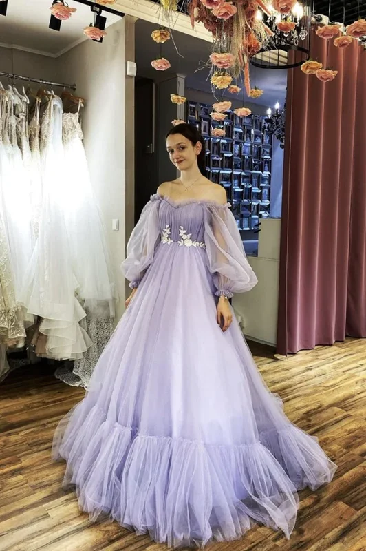 Stylish Spring Fashion A-Line Tulle Sweetheart Long Sleeves Long Prom Dress With Lace, Evening Dress    S1233