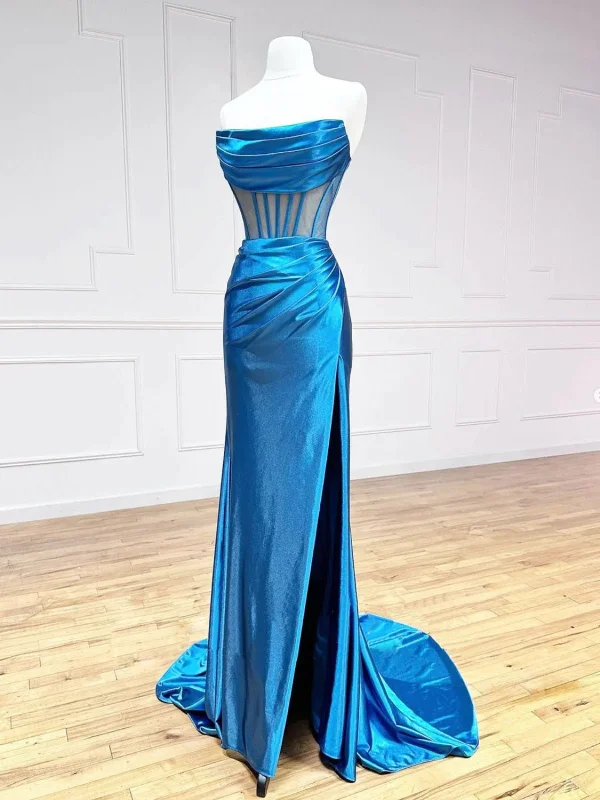 Latest Fashion Princess Mermaid Blue Satin Long Prom Dresses with High Slit, Mermaid Blue Formal Dresses, Blue Evening Dresses SP2720