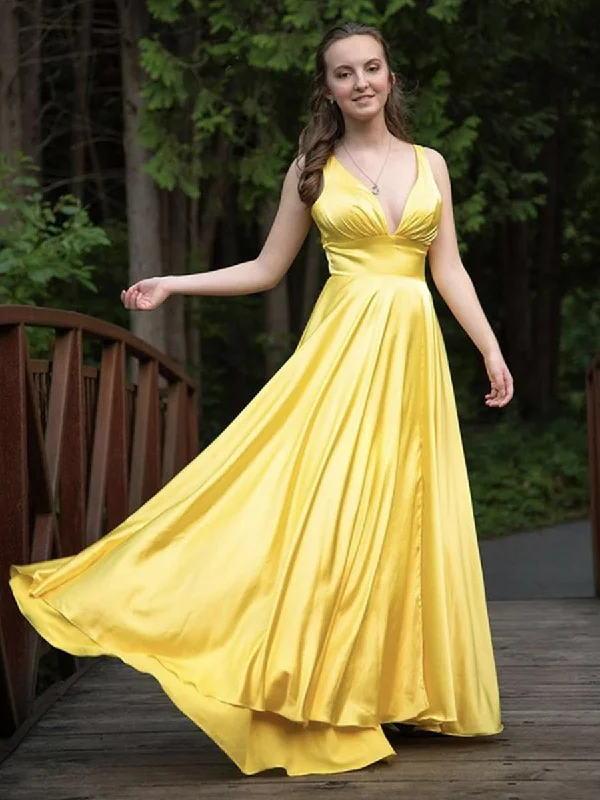 Wardrobe Update A Line V Neck Backless Yellow Satin Long Prom Dresses, Backless Yellow Formal Dresses, Yellow Evening Dresses