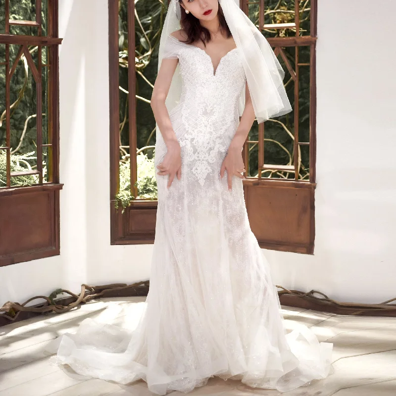 Unbeatable Prices Sheer Off the Shoulder Mermaid Wedding Dress with Sparkly Crystals