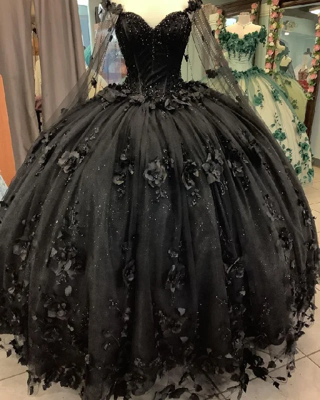 Spring Fashion Black Ball Gown Quinceanera Dresses with Flowers,Sweet 16 Dresses Y5753