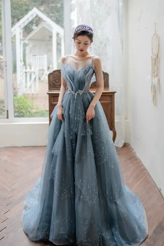 Elevate Your Wardrobe Blue Tulle Beaded Long A-Line Prom Dress, Blue Formal Evening Gown Y1579