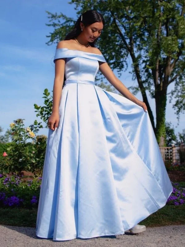 Beat The Heat In Tropical Styles Simple Off Shoulder Light Blue Satin Long Prom Dresses, Off the Shoulder Formal Dresses, Light Blue Evening Dresses SP2871