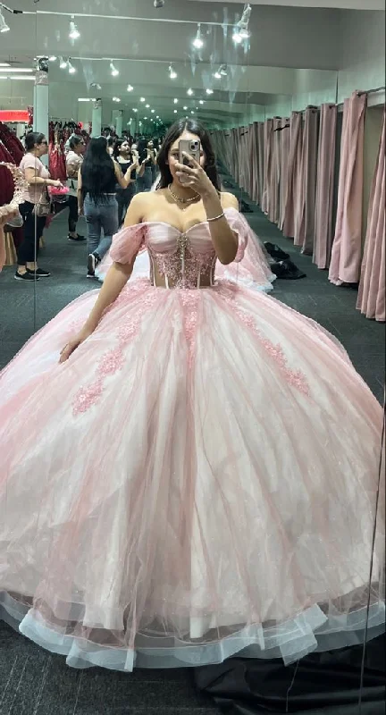 Elevate Your Wardrobe Pink Off The Shoulder Tulle Ball Gown,Pink Sweet 16 Dress Y5468