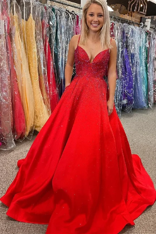 Great Prices On Feminine Styles Spaghetti Straps Red Satin Beaded A-line Long Formal Gown