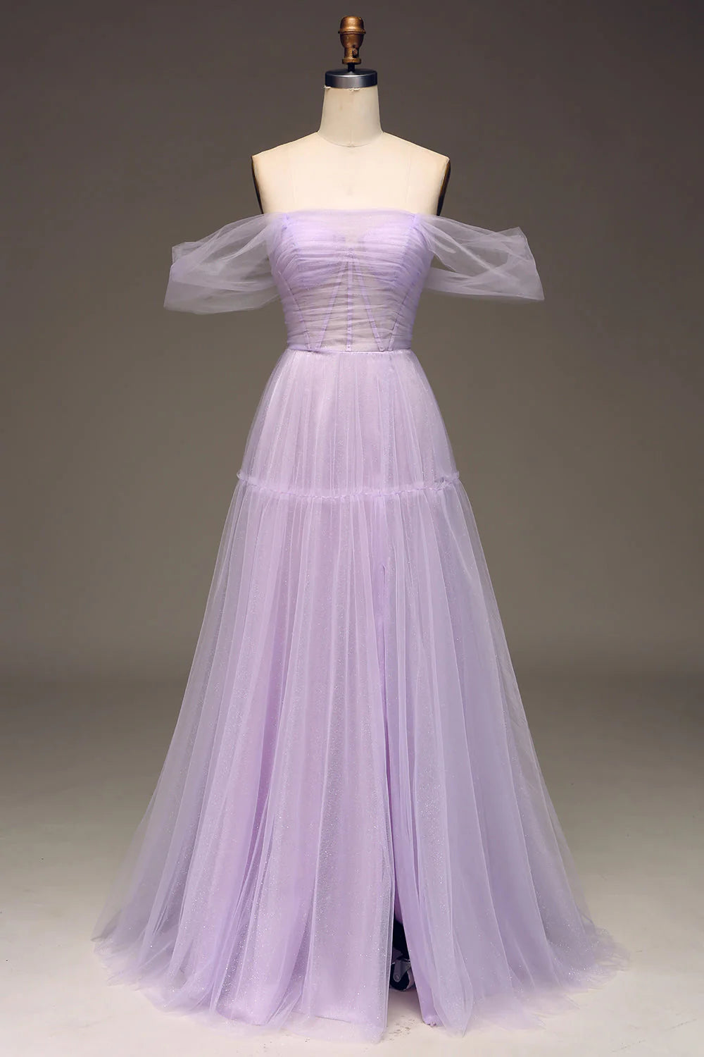 Winter Warm - Up Sale Amzcw Princess Lilac Off the Shoulder A Line Tulle Prom Dress With Slit prom dresses with long sleeves