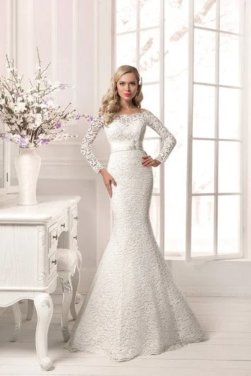 Elegant Style Long Sleeve Crystal Detailing Sheath Lace Floor Length Dress