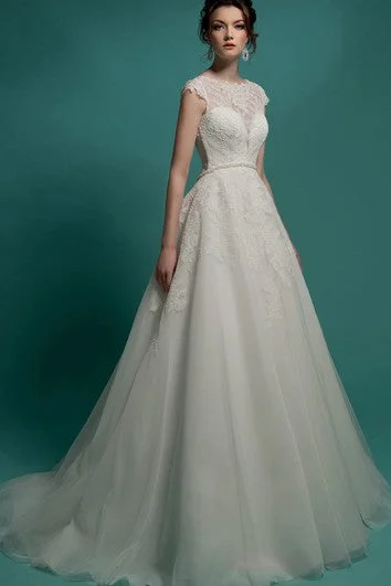 Chic Style A-Line Floor-Length Jewel-Neck Cap-Sleeve Illusion Organza Dress With Appliques And Beading