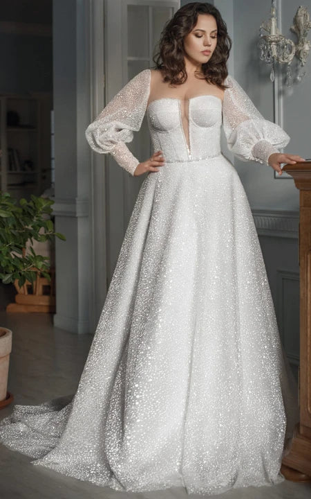 End Of Season Sale Plus Size Sweetheart Beaded A-line Puff-sleeve Wedding Dress