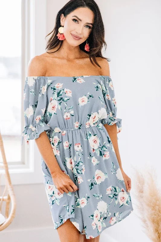 Feminine Soft - Hued Styles What You Mean Dusty Blue Floral Dress