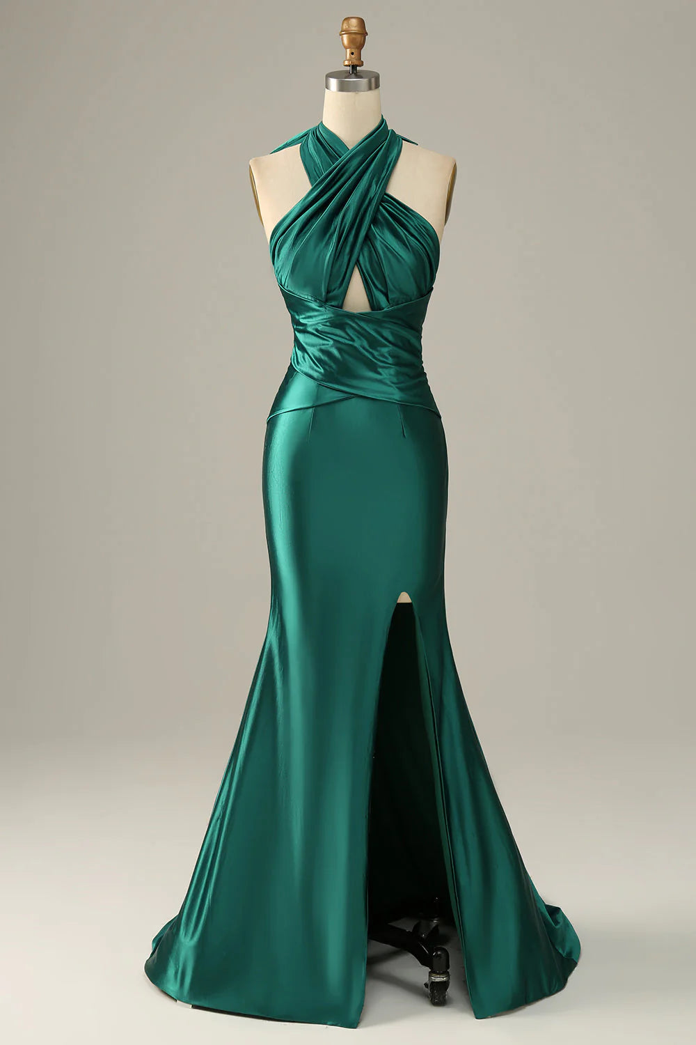 End - Of - Month Blowout Amzcw Dark Green Halter Lace Up Mermaid Prom Dress With Slit prom dresses with long sleeves