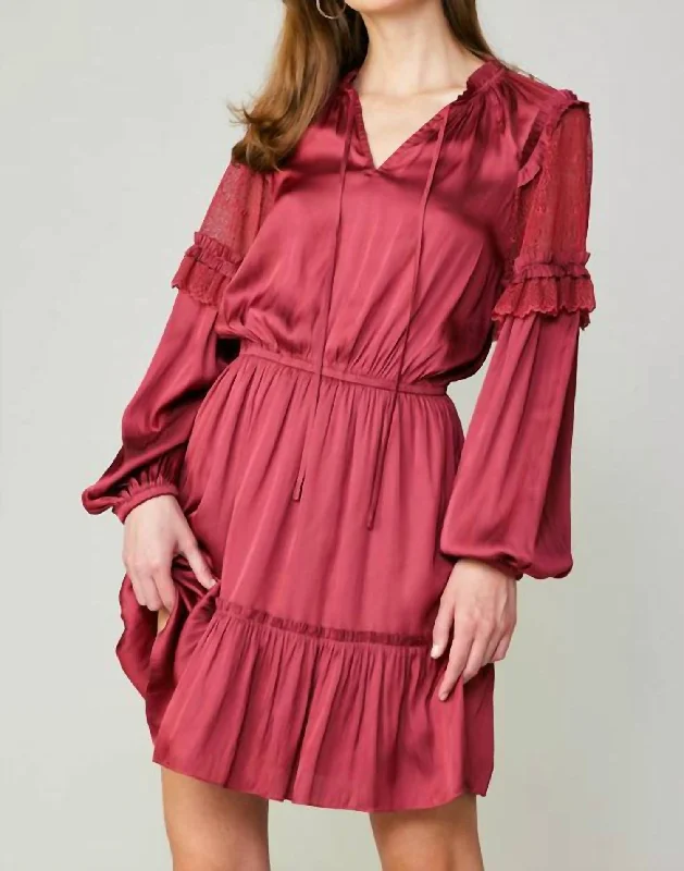 Style Upgrade Long Sleeve Split Neck Midi Dress In Raspberry