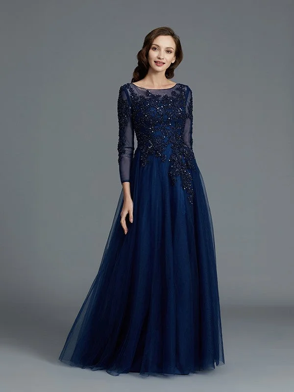 Fashion Sale A-Line/Princess Long Sleeves Scoop Beading Floor-Length Tulle Mother of the Bride Dresses