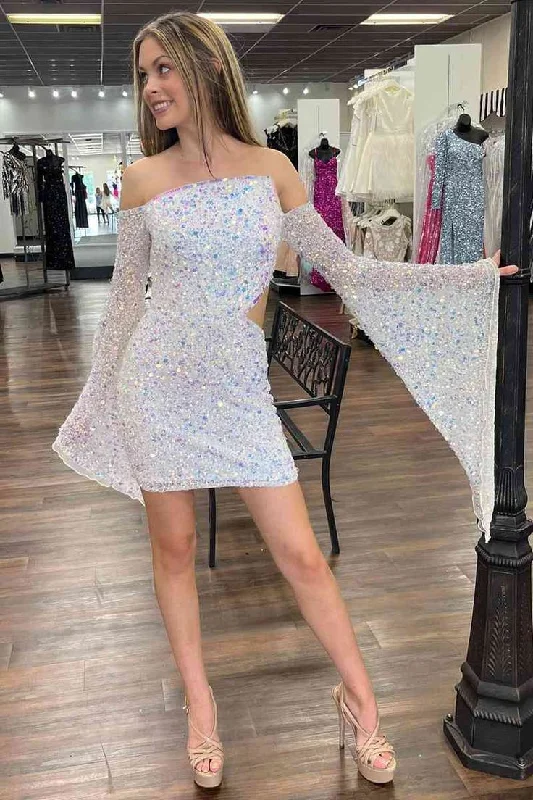 Limited - Time Bundle Fitted Sequins White Long Sleeves Short Homecoming Dress      S2696