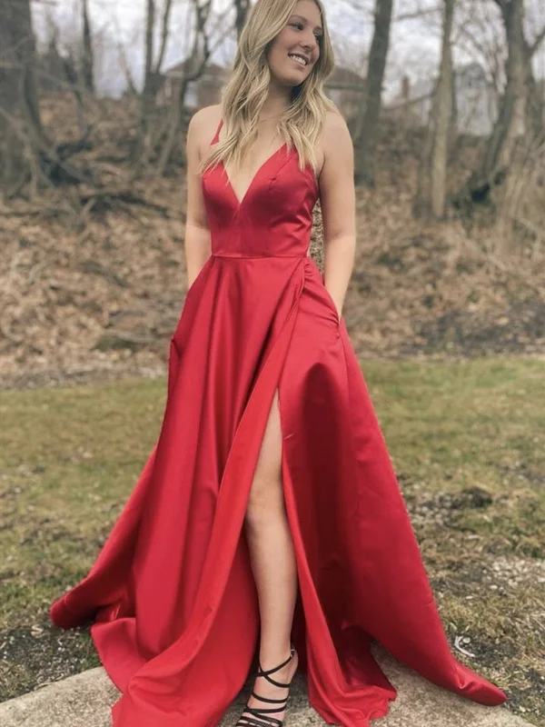 Huge Savings On Parisian Styles A Line V Neck Red Satin Long Prom Dresses with High Slit, Red Formal Graduation Evening Dresses with Pocket