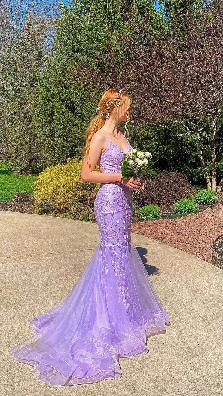 Latest Fashion Lavender Spaghetti Straps Mermaid Lace Prom Dress Applique Tulle Long Evening Gown Y1514