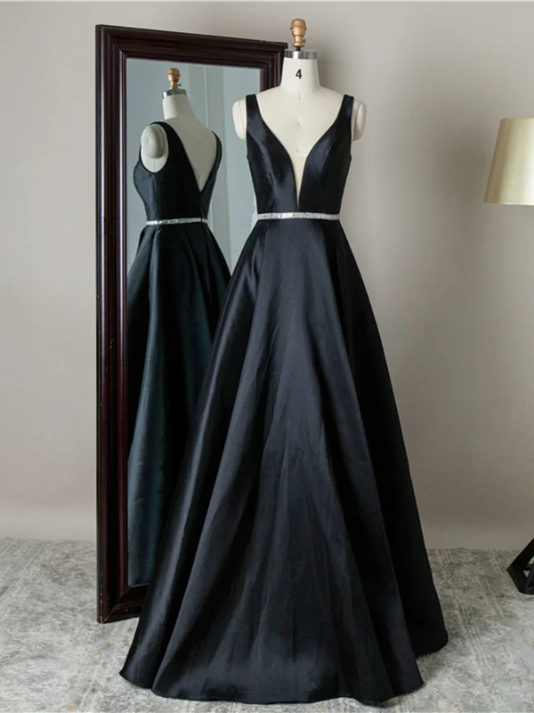 Elevate Your Wardrobe Simple V Neck Black Satin Long Prom Dresses with Belt, V Neck Black Formal Graduation Evening Dresses SP2198