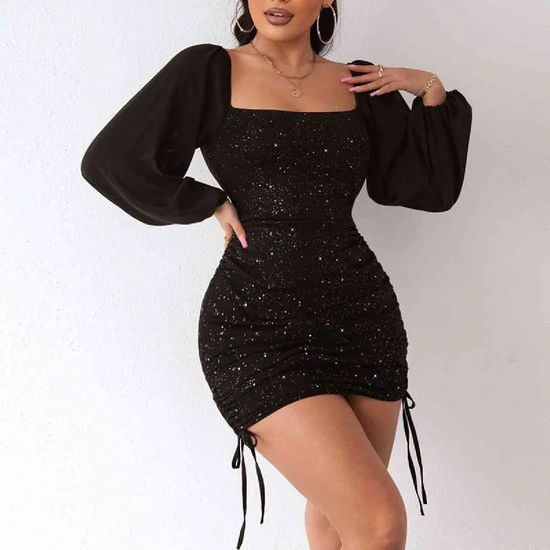 Casual Chic Square Neck Drawstring Ruched Sequin Long Sleeve Short Dress