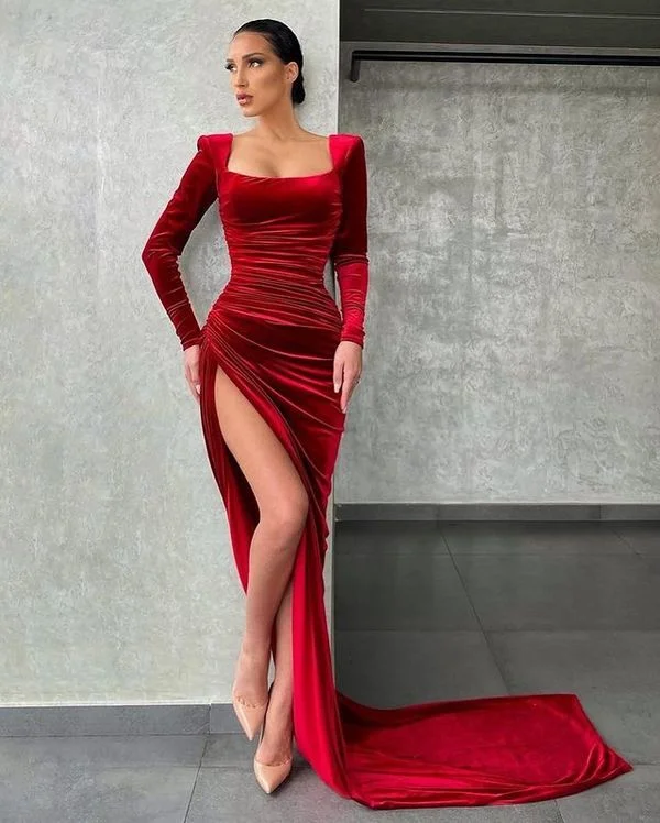 Limited Styles Charming Mermaid Long Sleeves Velvet Prom Dresses with Slit    S2385