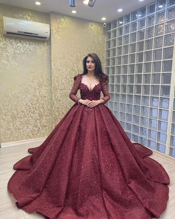 Clearance Event Luxurious Long Sleeves Burgundy Ball Gown,Sweet 16 Dress Y6097